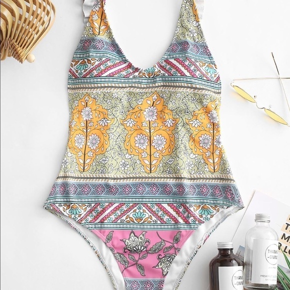 NEW,Zaful, Fun, Flirty & Fabulous, Floral Ruffle Backless Swimsuit, Size XL - Picture 2 of 12